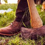 Durable work boots by wood axe
